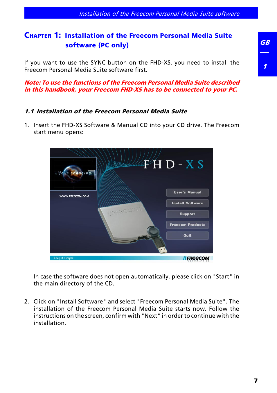 1 installation of the freecom personal media suite | Freecom FHD-XS User Manual | Page 7 / 47