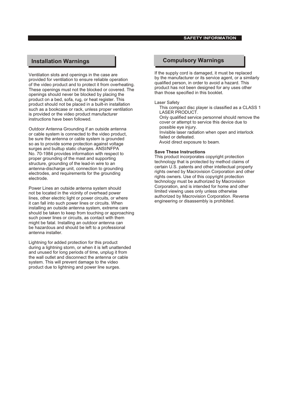 Т³гж 3, Installation warnings, Compulsory warnings | Curtis DVD504 User Manual | Page 3 / 34