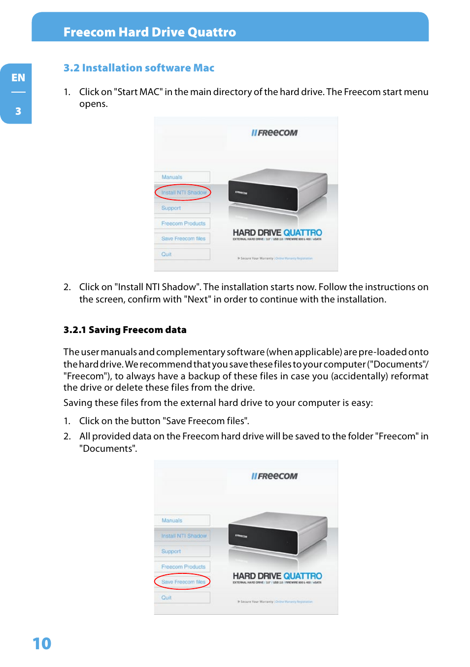 2 installation software mac, 1 saving freecom data, Freecom hard drive quattro | Freecom Hard Drive Quattro 2.0 User Manual User Manual | Page 10 / 20