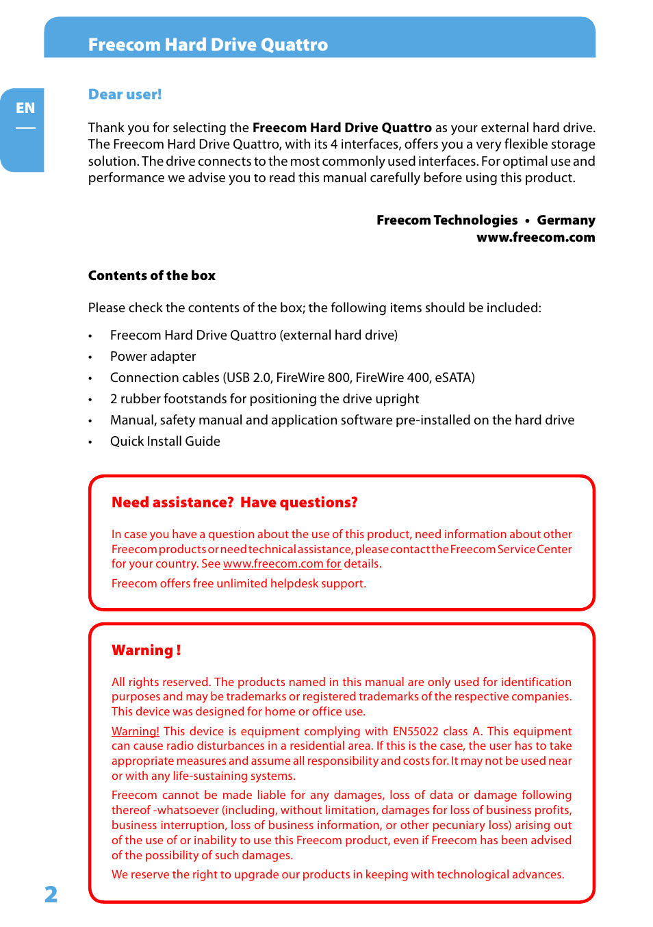 Dear user, Contents of the box, Warning | Freecom hard drive quattro | Freecom Hard Drive Quattro 2.0 User Manual User Manual | Page 2 / 20