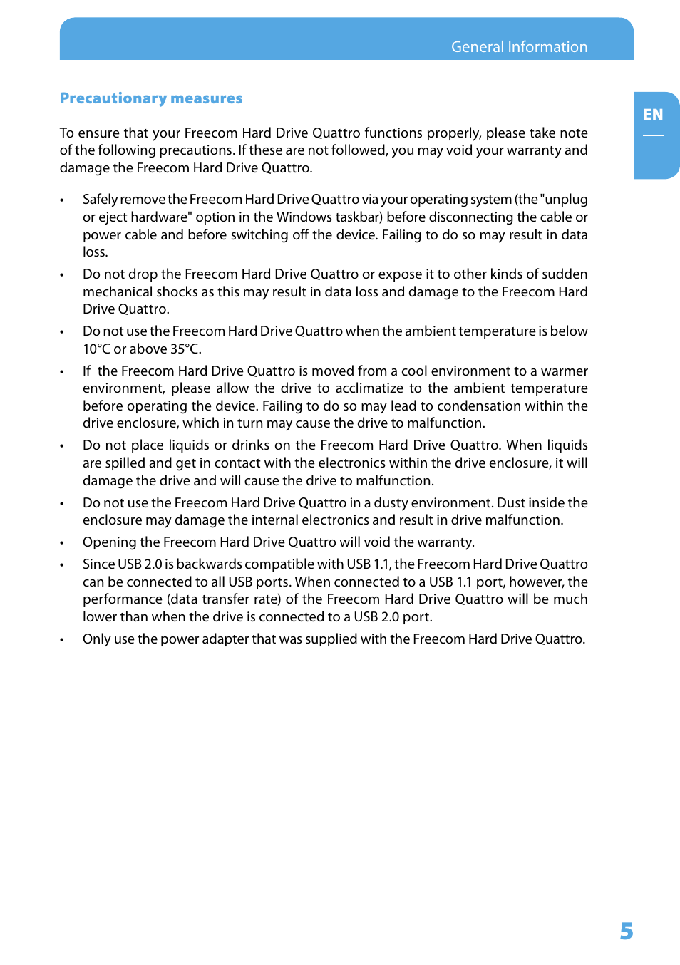 Precautionary measures | Freecom Hard Drive Quattro 2.0 User Manual User Manual | Page 5 / 20