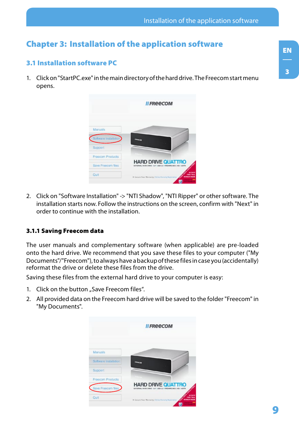 1 installation software pc, 1 saving freecom data | Freecom Hard Drive Quattro 2.0 User Manual User Manual | Page 9 / 20