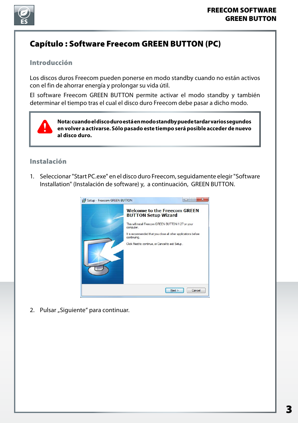 Capítulo: software freecom green button (pc), Introducción, Instalación | Capítulo : software freecom green button (pc) | Freecom Mobile Drive Classic II Green Button User Manual | Page 3 / 6