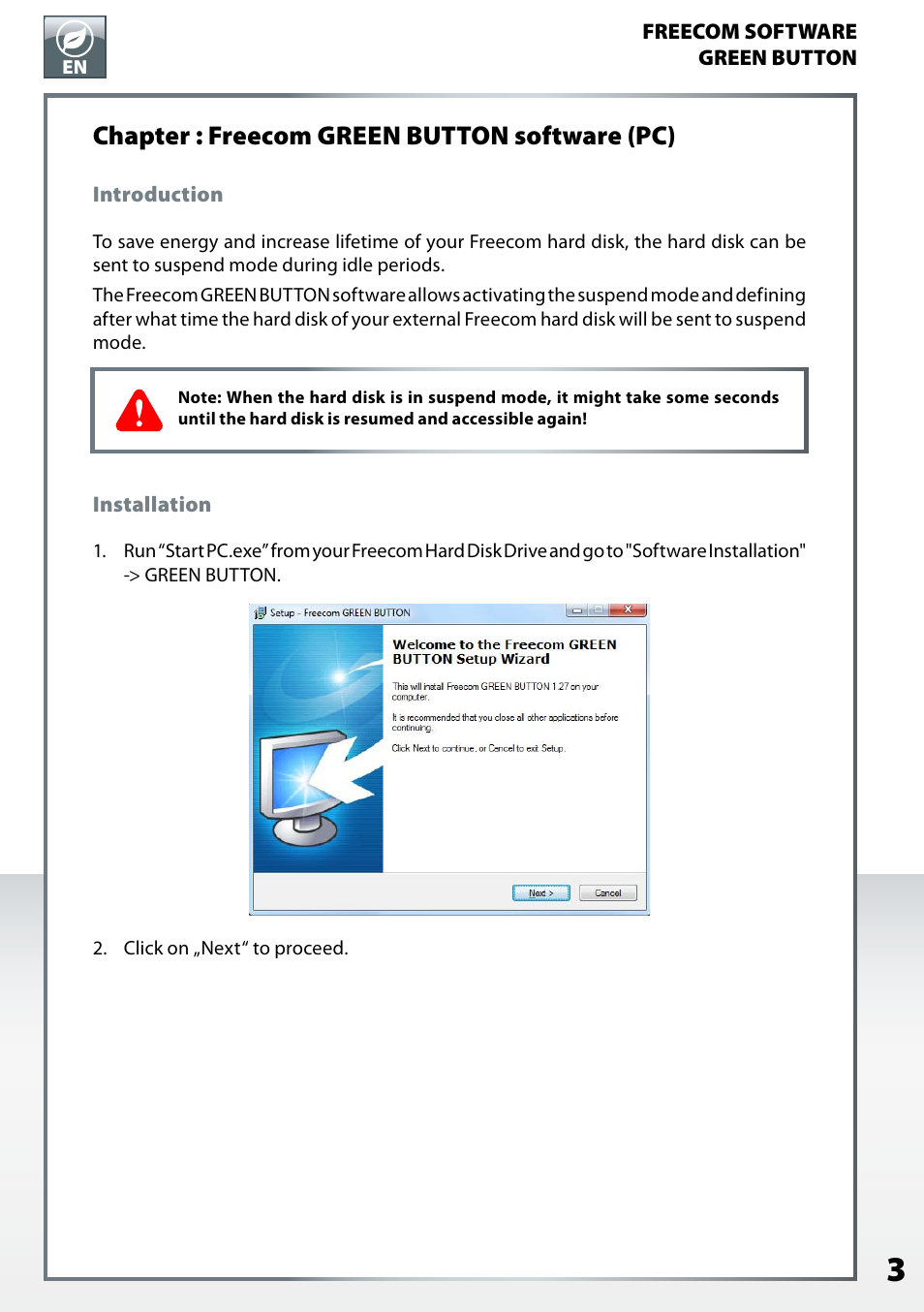Chapter: freecom green button software (pc), Introduction, Installation | Chapter : freecom green button software (pc) | Freecom Mobile Drive Classic II Green Button User Manual | Page 3 / 6