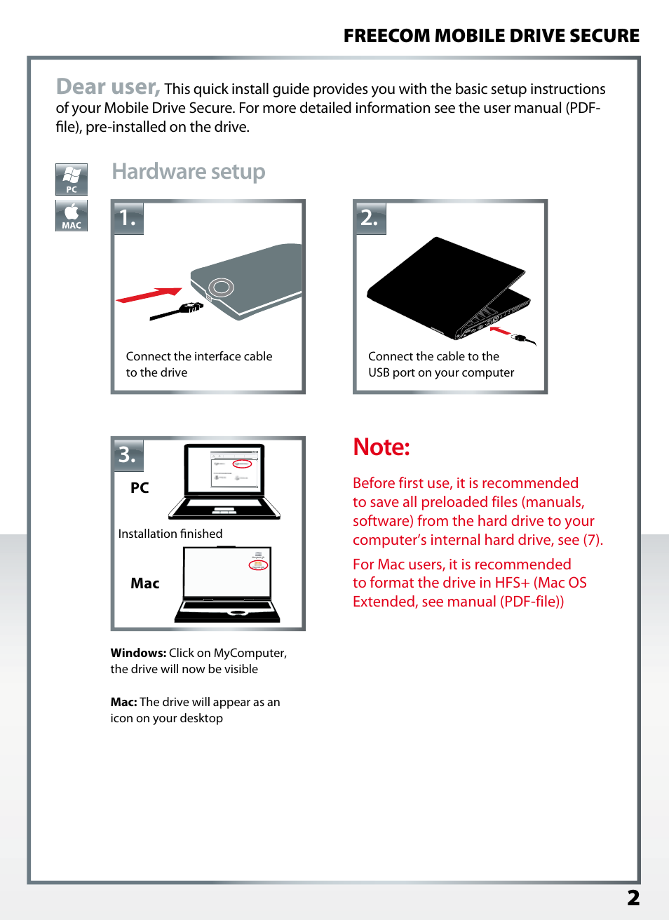 Dear user, Hardware setup | Freecom Mobile Drive Secure Quick Start User Manual | Page 2 / 8