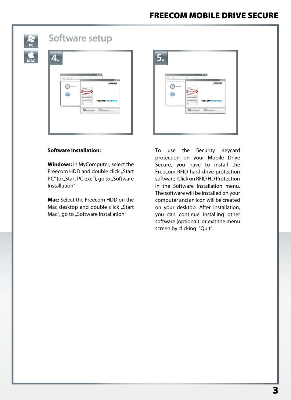 Software setup, Freecom mobile drive secure | Freecom Mobile Drive Secure Quick Start User Manual | Page 3 / 8