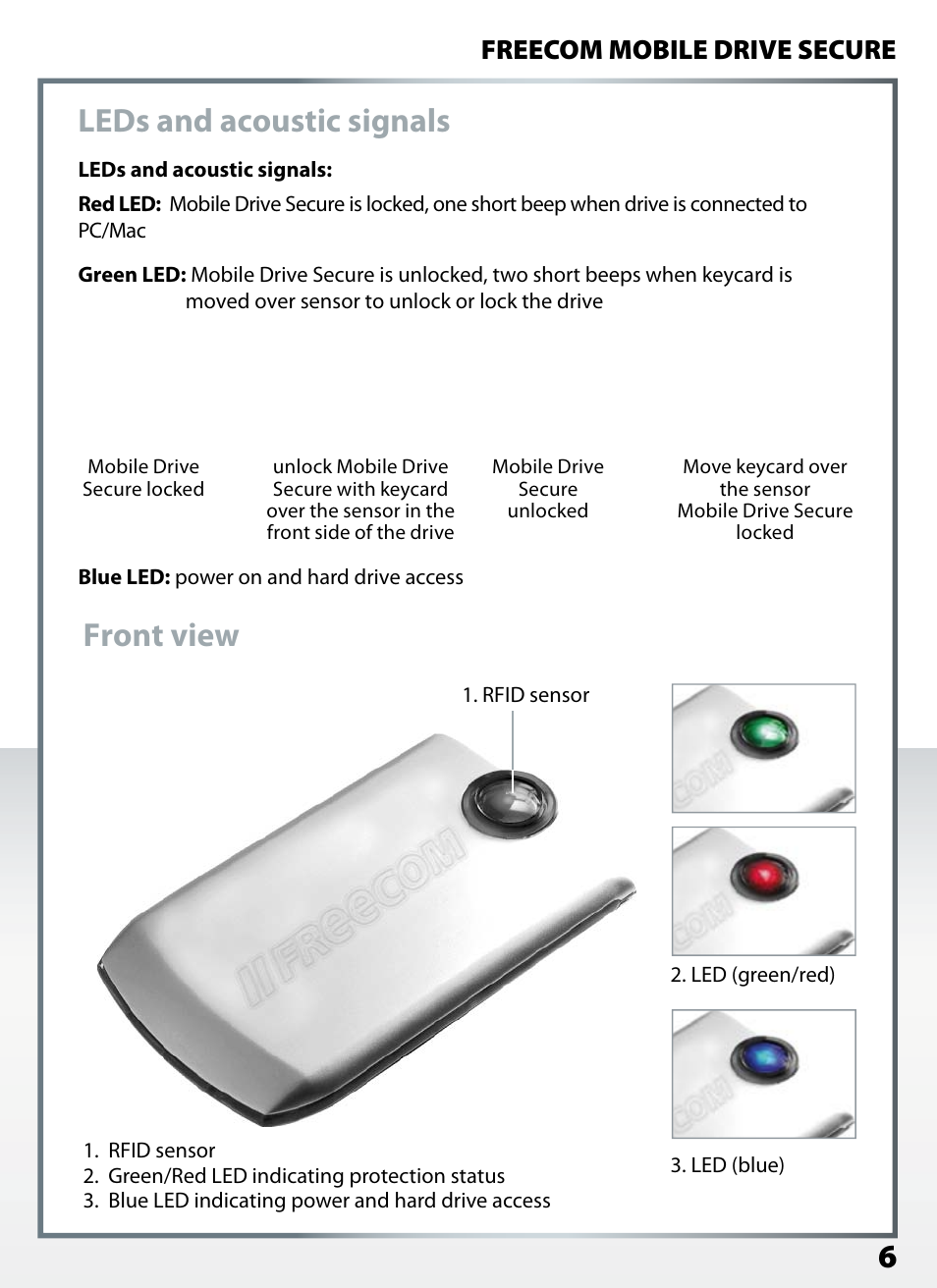 Front view leds and acoustic signals, Freecom mobile drive secure | Freecom Mobile Drive Secure Quick Start User Manual | Page 6 / 8