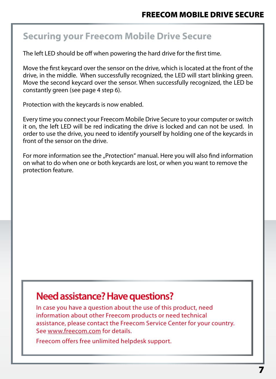 Need assistance? have questions, Securing your freecom mobile drive secure, Freecom mobile drive secure | Freecom Mobile Drive Secure Quick Start User Manual | Page 7 / 8