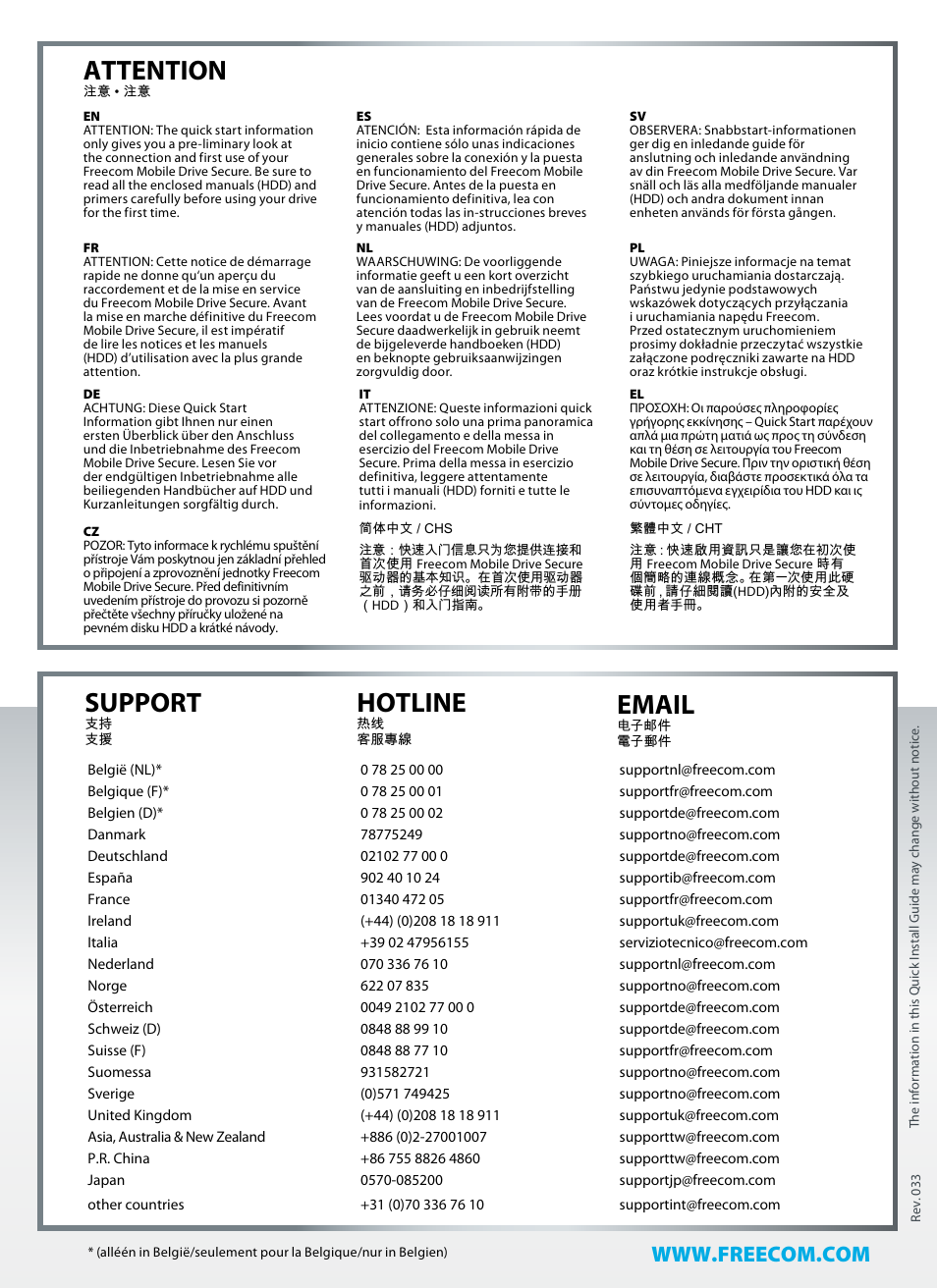 Attention, Support, Hotline | Email | Freecom Mobile Drive Secure Quick Start User Manual | Page 8 / 8