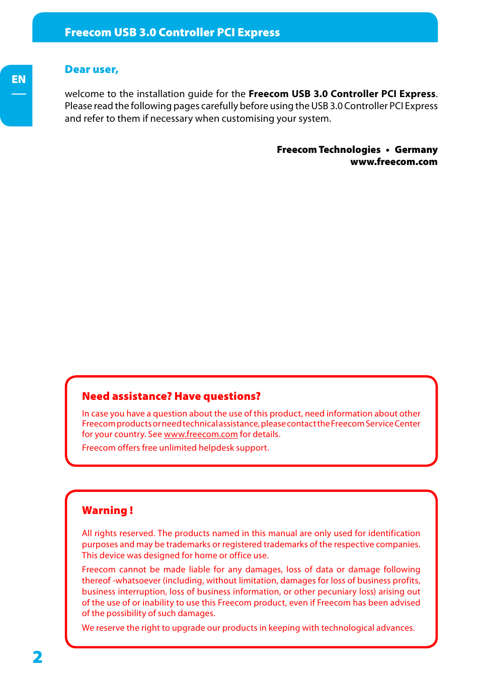 Dear user, Need assistance? have questions, Warning | Freecom USB 3.0 PCI Express Card User Manual | Page 2 / 10