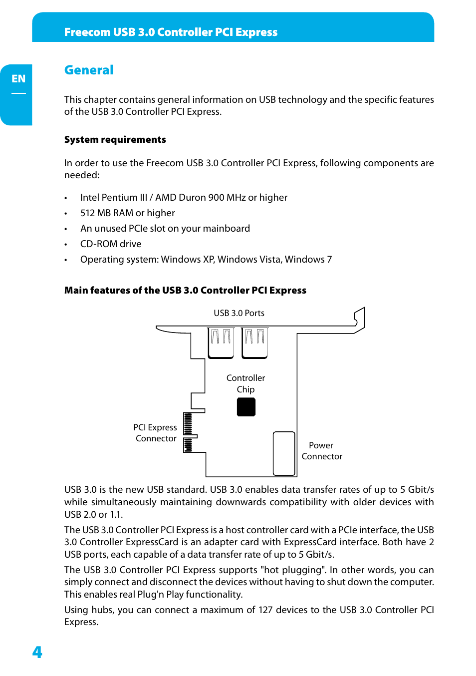 General, System requirements | Freecom USB 3.0 PCI Express Card User Manual | Page 4 / 10