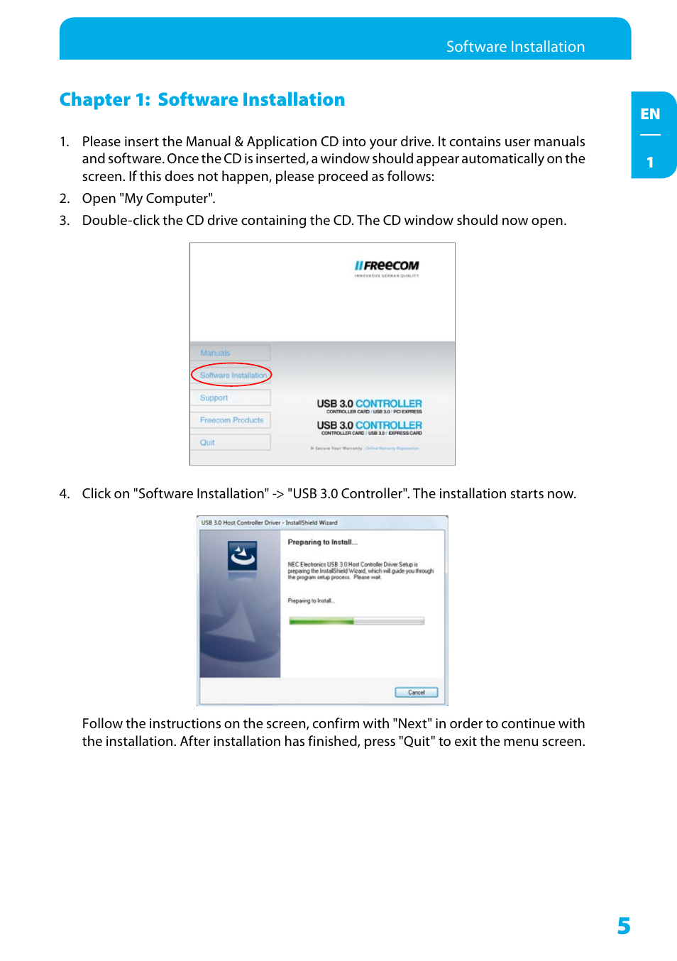 Chapter 1: software installation | Freecom USB 3.0 PCI Express Card User Manual | Page 5 / 10