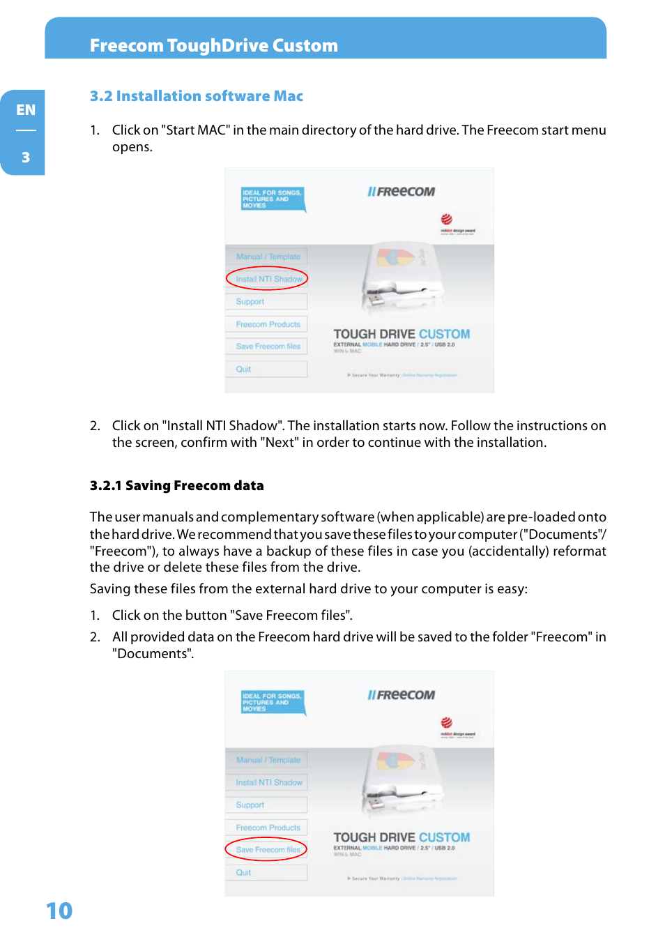 2 installation software mac, 1 saving freecom data, Freecom toughdrive custom | Freecom Tough Drive Custom User Manual | Page 10 / 30