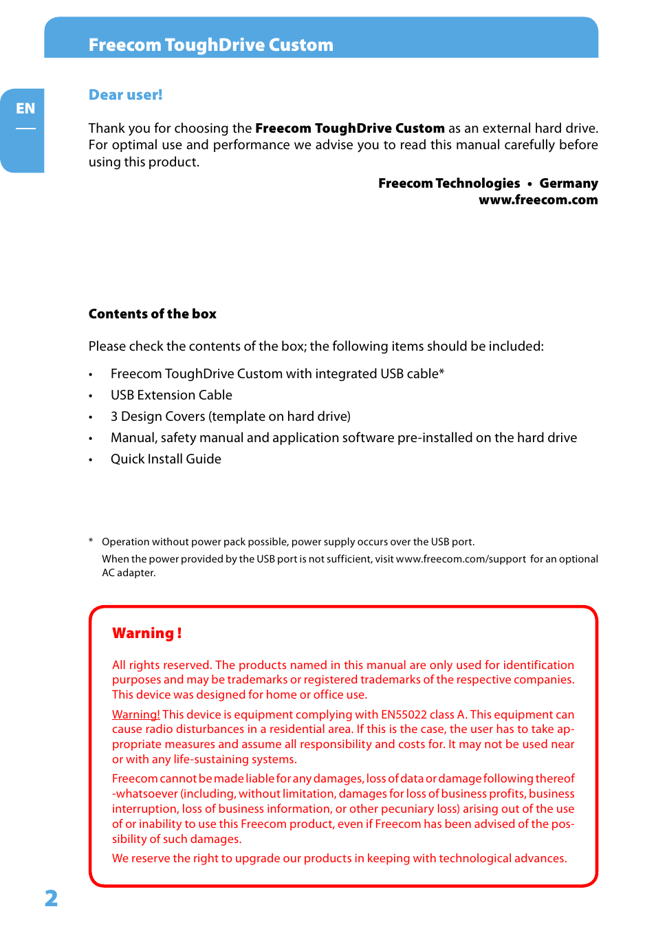 Dear user, Contents of the box, Warning | Freecom toughdrive custom | Freecom Tough Drive Custom User Manual | Page 2 / 30