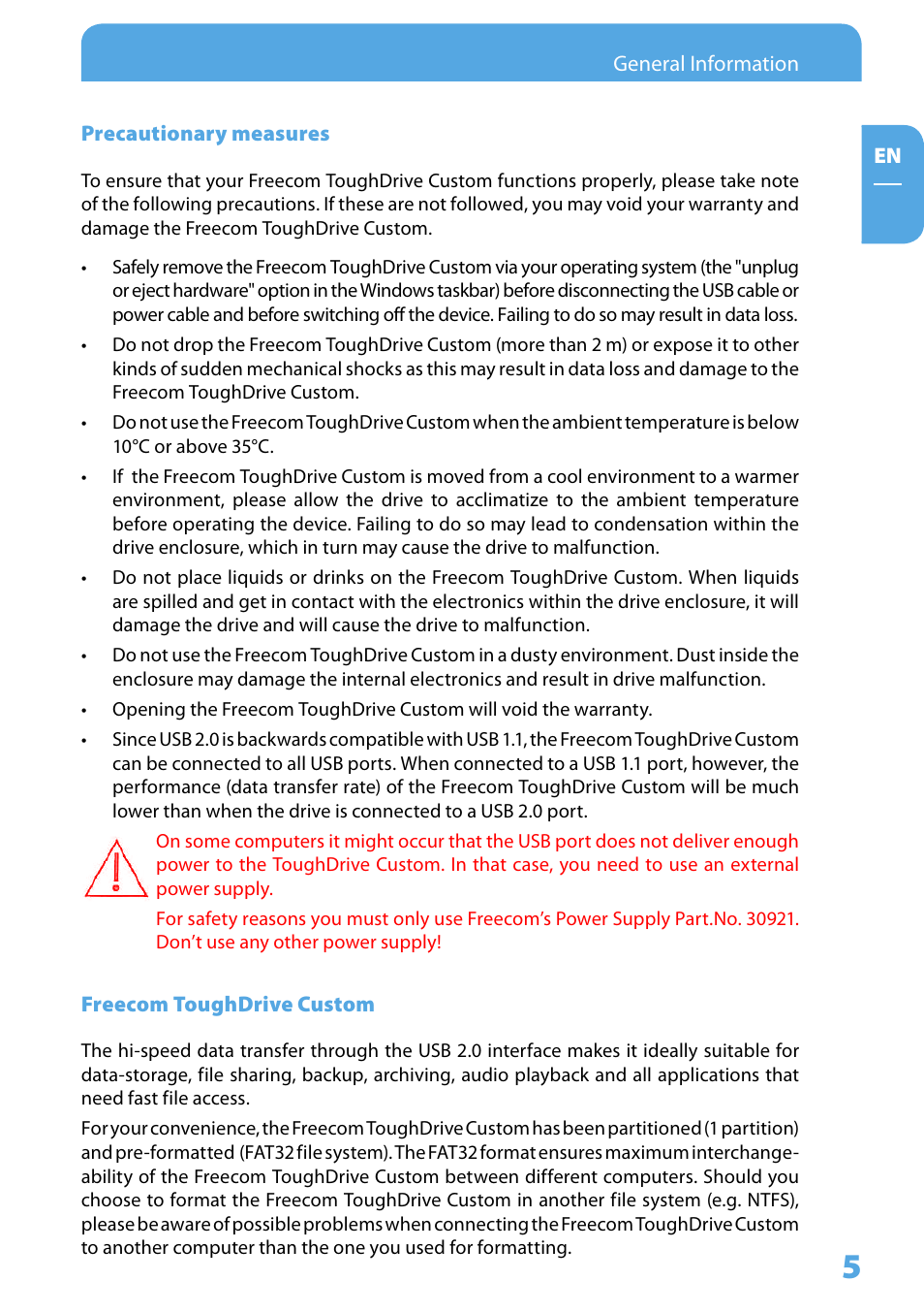 Precautionary measures, Freecom toughdrive custom | Freecom Tough Drive Custom User Manual | Page 5 / 30