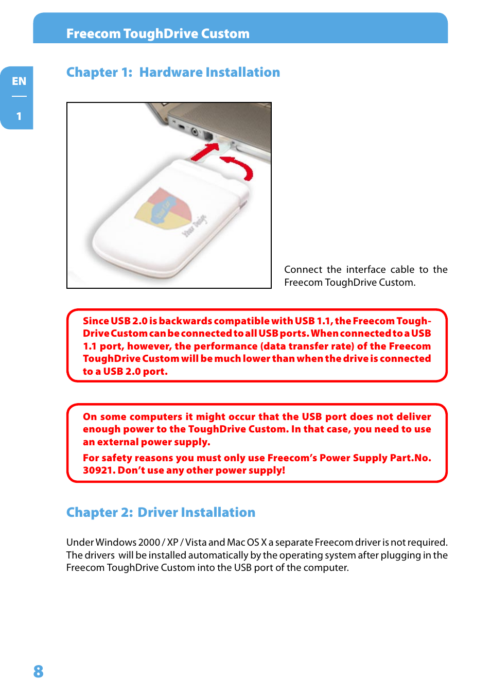 Chapter 1: hardware installation, Chapter 2: driver installation, Chapter : driver installation | Freecom Tough Drive Custom User Manual | Page 8 / 30