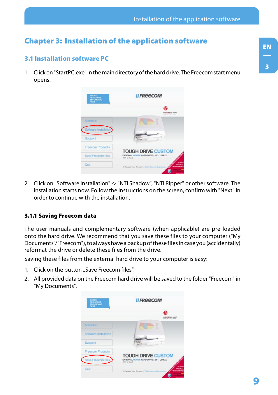 1 installation software pc, 1 saving freecom data | Freecom Tough Drive Custom User Manual | Page 9 / 30