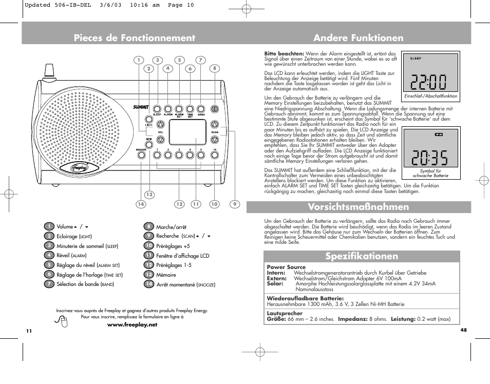 Pieces de fonctionnement, Andere funktionen spezifikationen, Vorsichtsmaßnahmen | Freeplay Energy Summit User Manual | Page 10 / 30