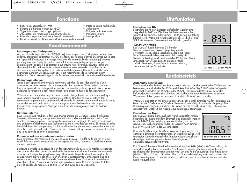 Fonctions fonctionnement, Radiobetrieb, Uhrfunktion | Freeplay Energy Summit User Manual | Page 12 / 30