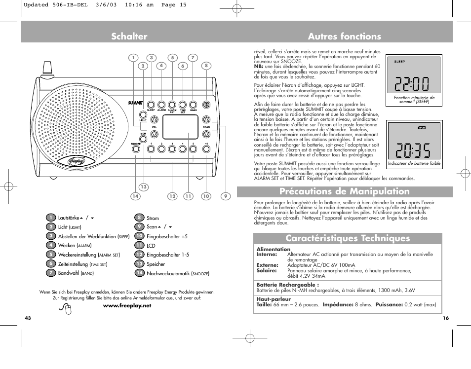 Schalter, Autres fonctions caractéristiques techniques, Précautions de manipulation | Freeplay Energy Summit User Manual | Page 15 / 30