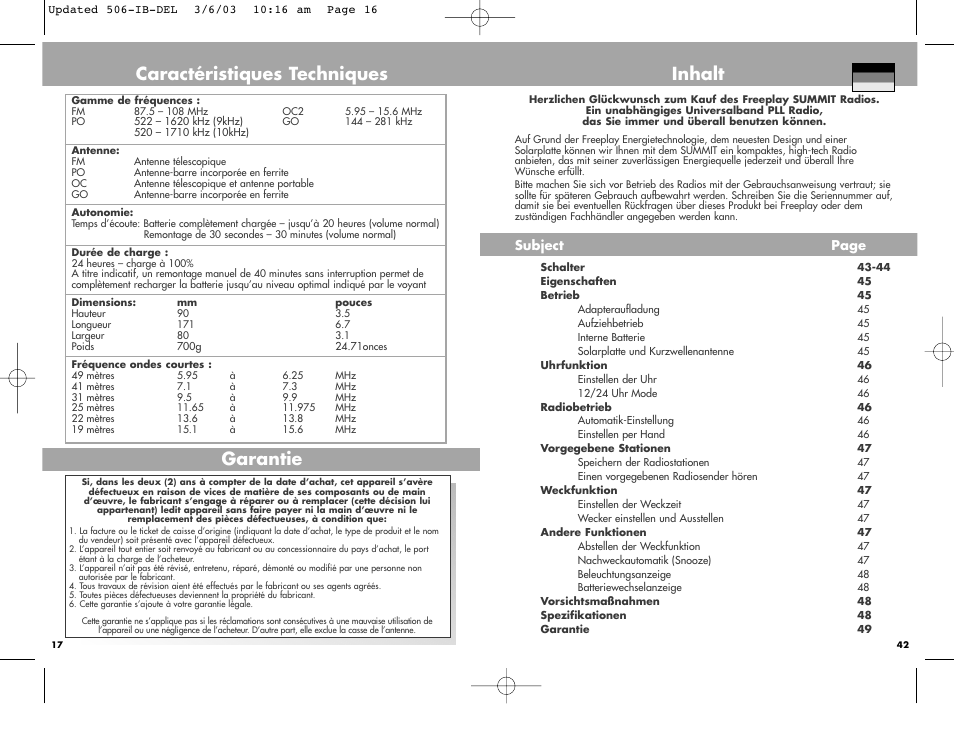 Caractéristiques techniques, Garantie, Inhalt | Freeplay Energy Summit User Manual | Page 16 / 30