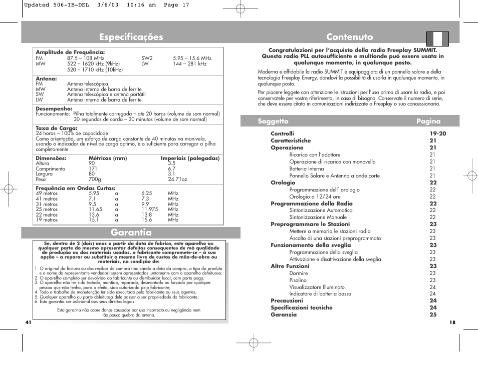 Especificações, Garantia, Contenuto | Freeplay Energy Summit User Manual | Page 17 / 30