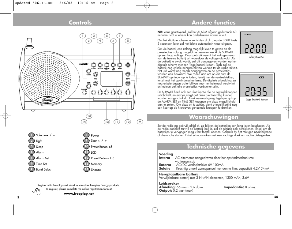 Controls, Andere functies technische gegevens, Waarschuwingen | Freeplay Energy Summit User Manual | Page 2 / 30