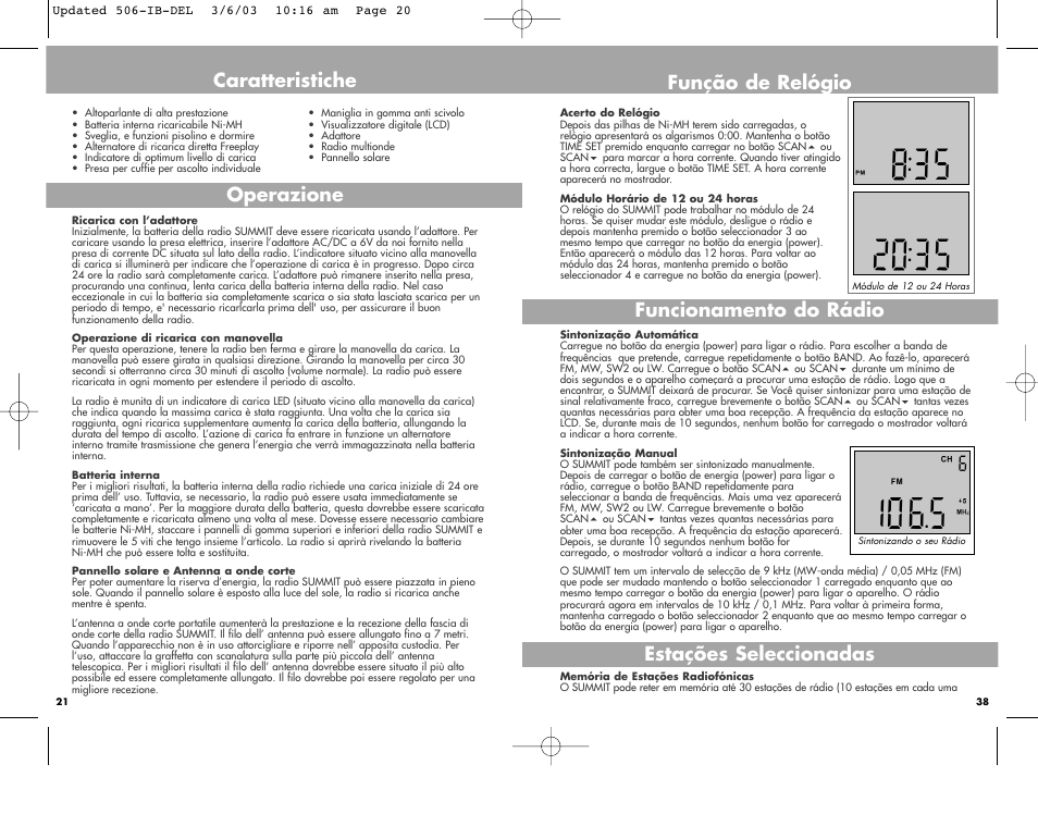 Caratteristiche operazione, Funcionamento do rádio, Função de relógio estações seleccionadas | Freeplay Energy Summit User Manual | Page 20 / 30