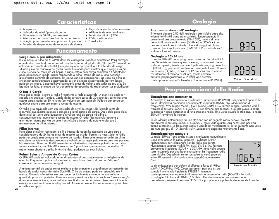 Características funcionamento, Orologio programmazione della radio | Freeplay Energy Summit User Manual | Page 21 / 30