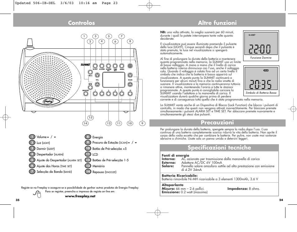 Controlos, Altre funzioni specificazioni tecniche, Precauzioni | Freeplay Energy Summit User Manual | Page 23 / 30