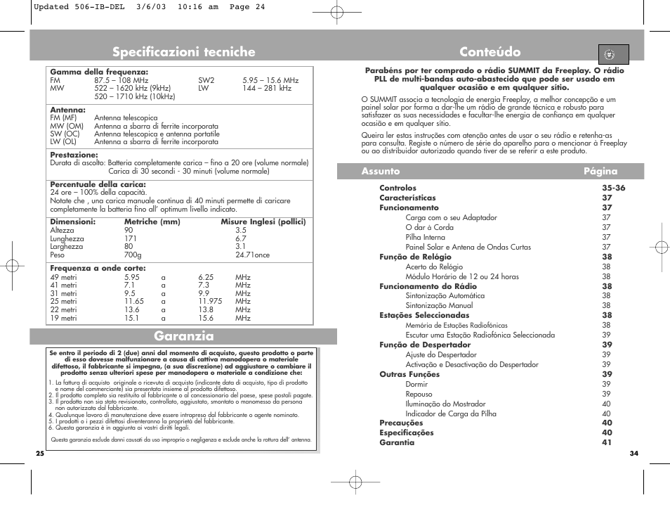 Specificazioni tecniche, Garanzia, Conteúdo | Freeplay Energy Summit User Manual | Page 24 / 30