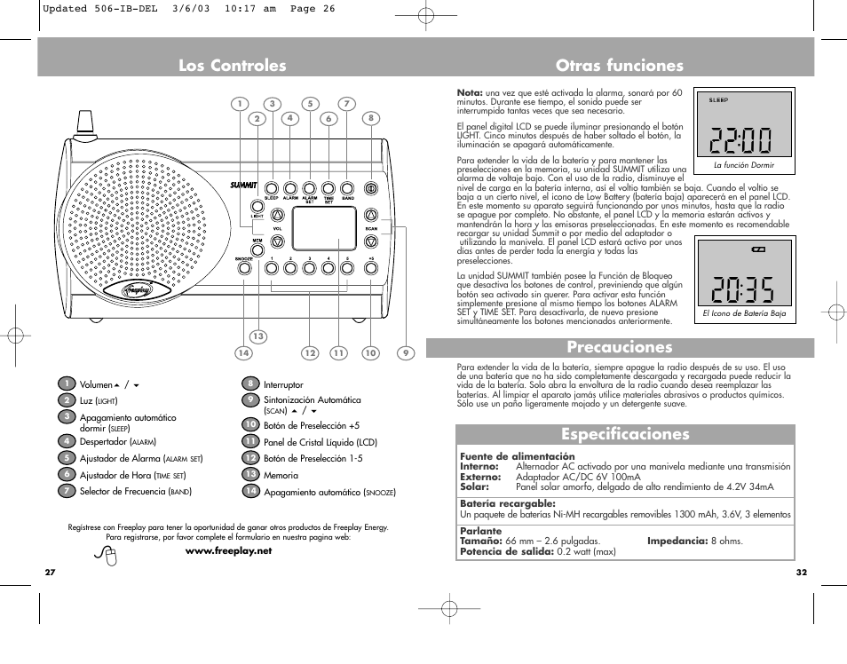 Los controles, Otras funciones especificaciones, Precauciones | Freeplay Energy Summit User Manual | Page 26 / 30