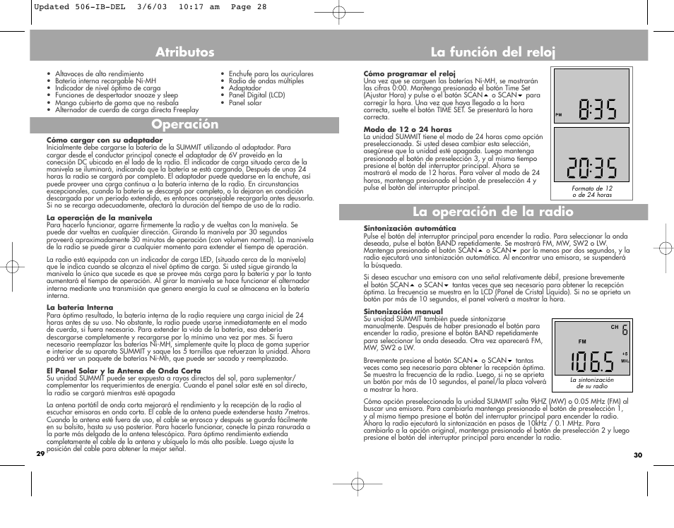 Atributos operación, La función del reloj la operación de la radio | Freeplay Energy Summit User Manual | Page 28 / 30