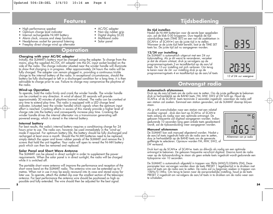 Features, Operation, Tijdsbediening ontvangst radio | Freeplay Energy Summit User Manual | Page 4 / 30