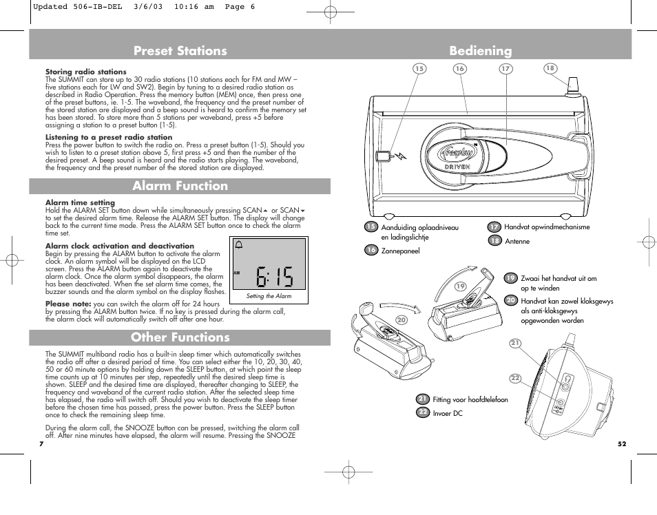 Bediening, Preset stations alarm function other functions | Freeplay Energy Summit User Manual | Page 6 / 30