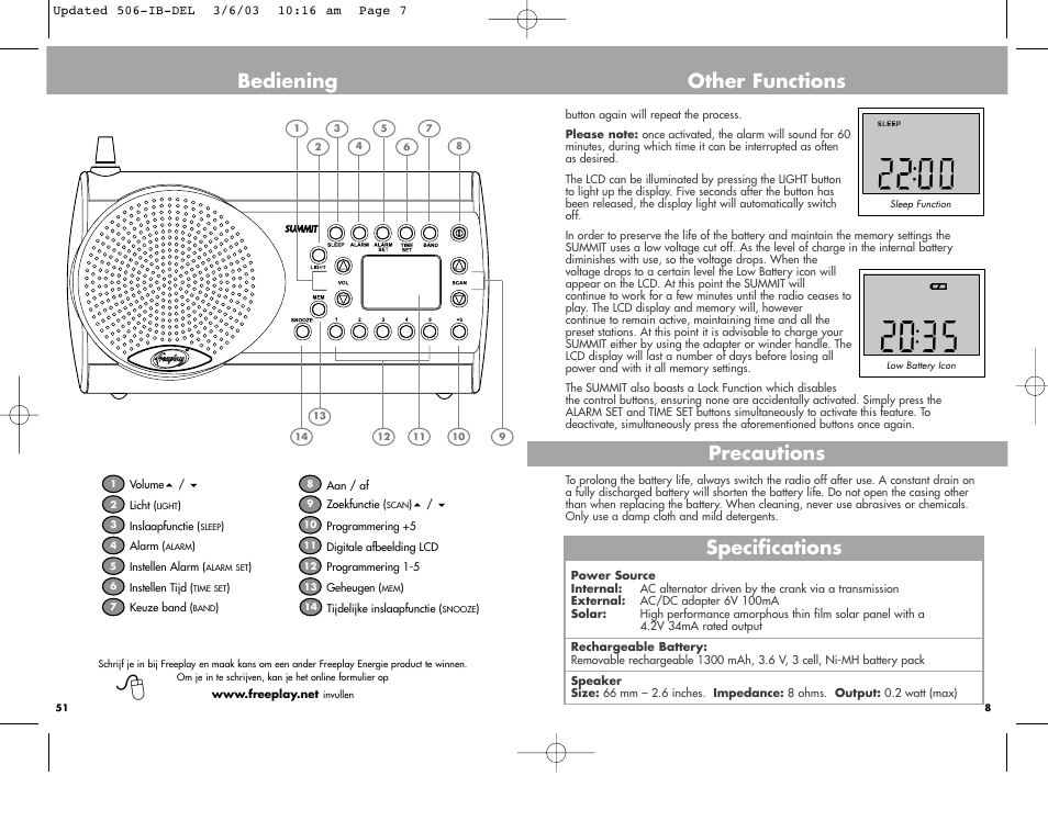 Bediening, Other functions specifications, Precautions | Freeplay Energy Summit User Manual | Page 7 / 30