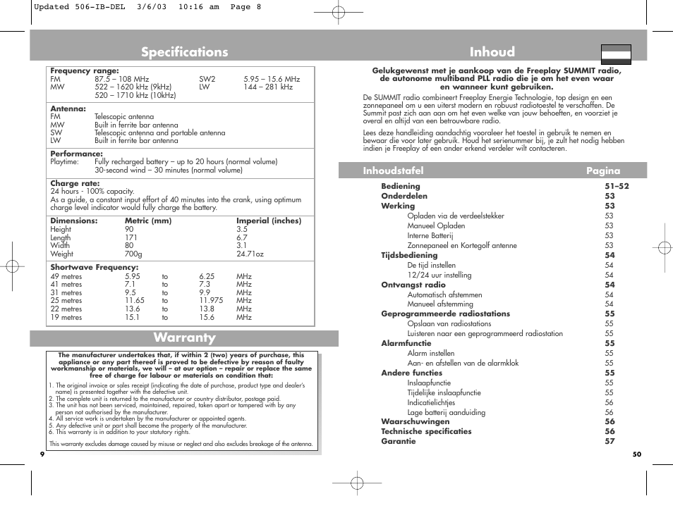 Specifications, Warranty, Inhoud | Freeplay Energy Summit User Manual | Page 8 / 30