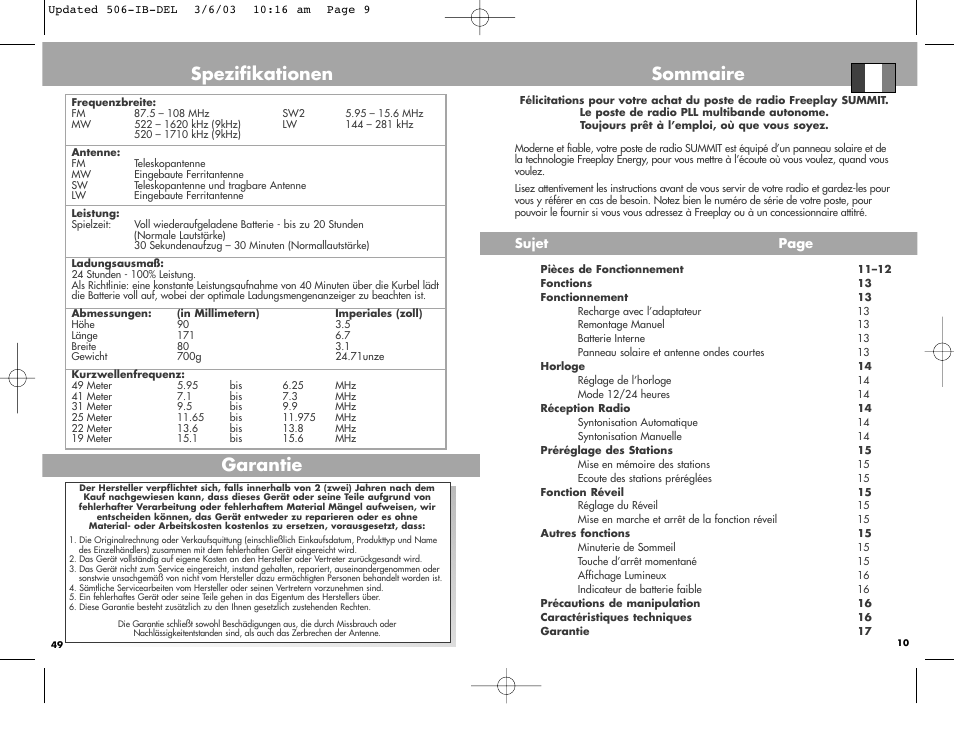 Spezifikationen, Garantie, Sommaire | Freeplay Energy Summit User Manual | Page 9 / 30