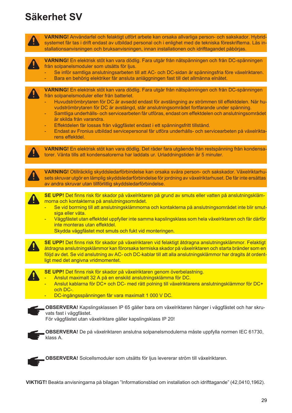 Säkerhet sv | Fronius Symo Hybrid User Manual | Page 31 / 52