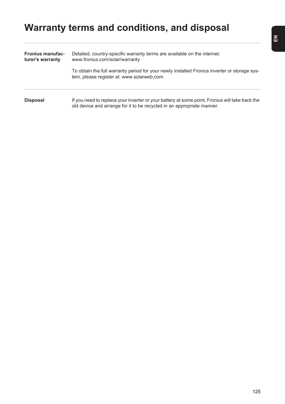 Warranty terms and conditions, and disposal | Fronius Energy Package User Manual | Page 127 / 128