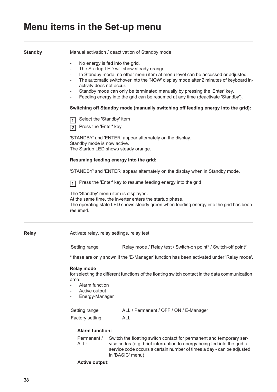 Menu items in the set-up menu | Fronius Energy Package User Manual | Page 40 / 128