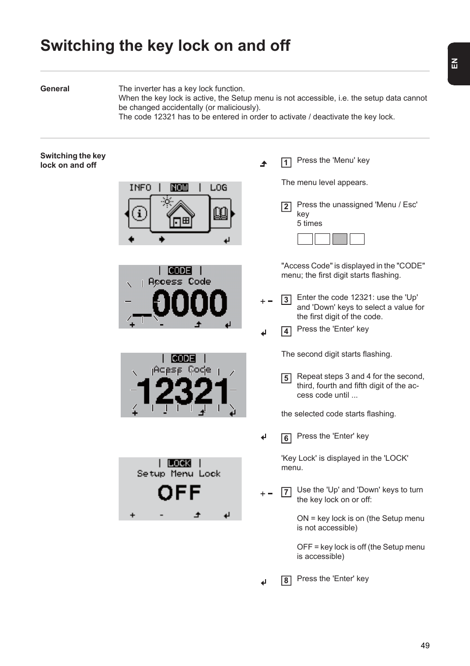 Switching the key lock on and off | Fronius Energy Package User Manual | Page 51 / 128