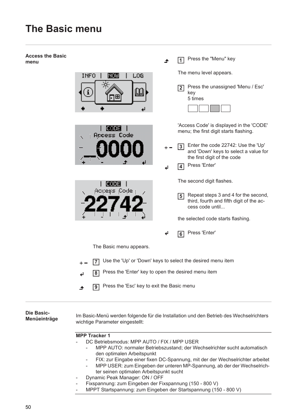 The basic menu | Fronius Energy Package User Manual | Page 52 / 128