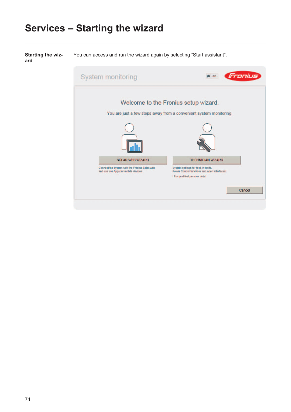 Services – starting the wizard | Fronius Energy Package User Manual | Page 76 / 128
