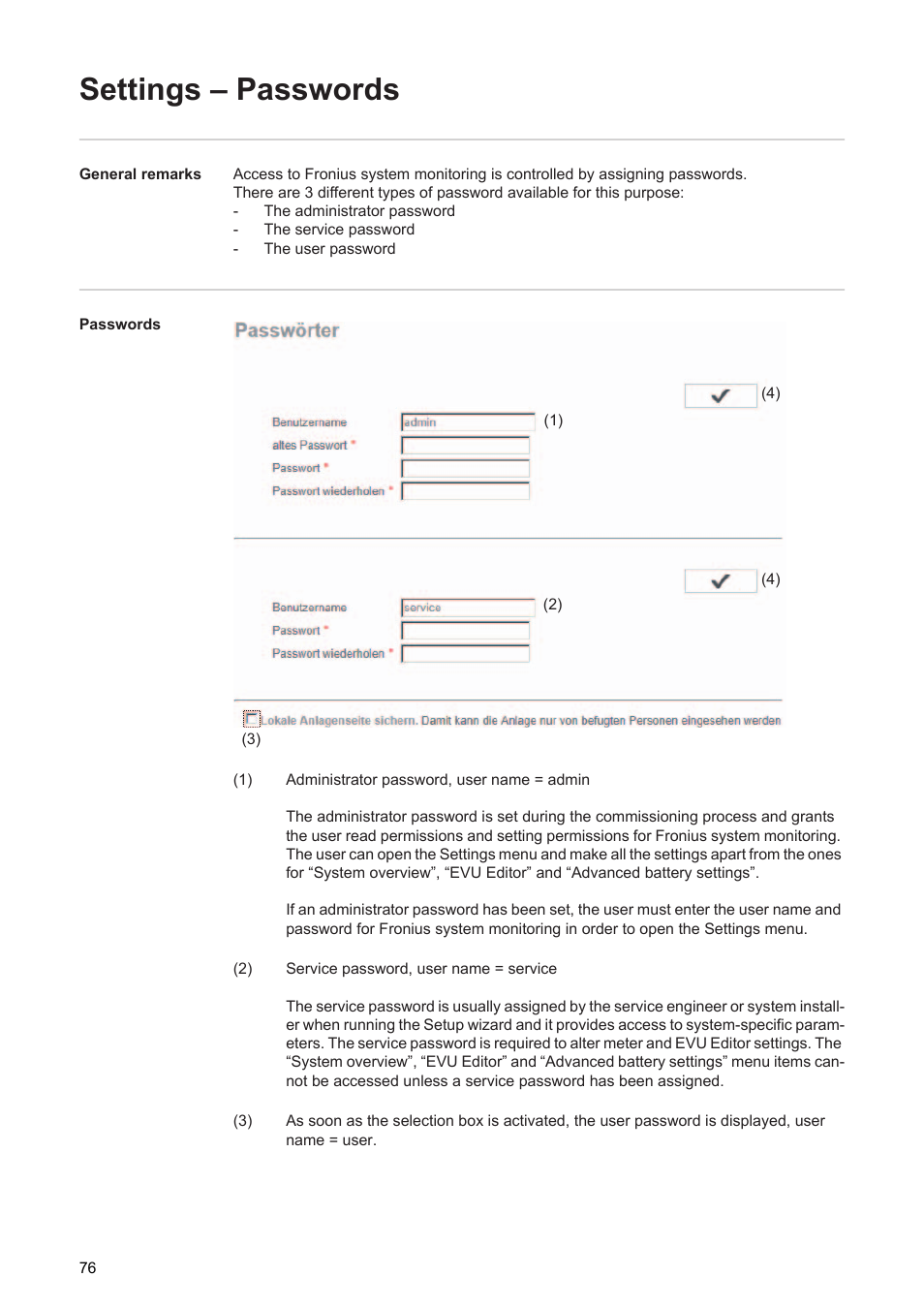 Settings – passwords | Fronius Energy Package User Manual | Page 78 / 128