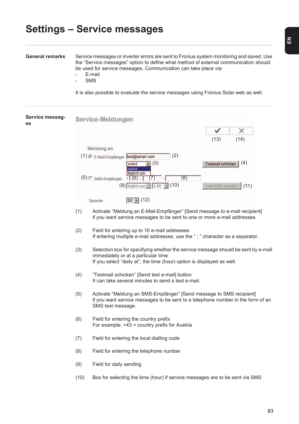 Settings – service messages | Fronius Energy Package User Manual | Page 85 / 128