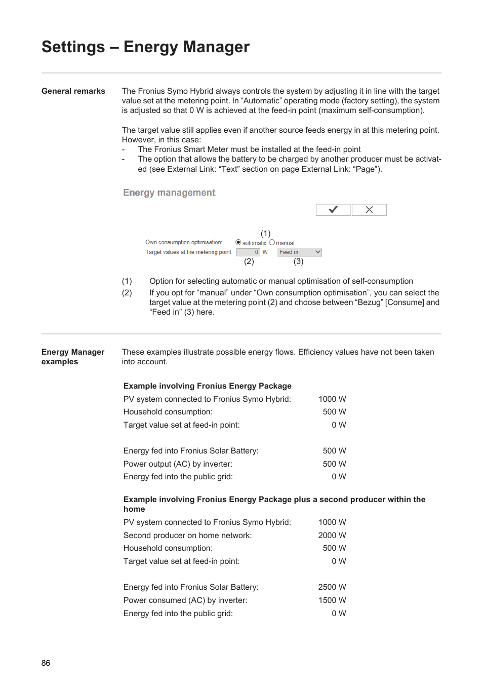 Settings – energy manager | Fronius Energy Package User Manual | Page 88 / 128