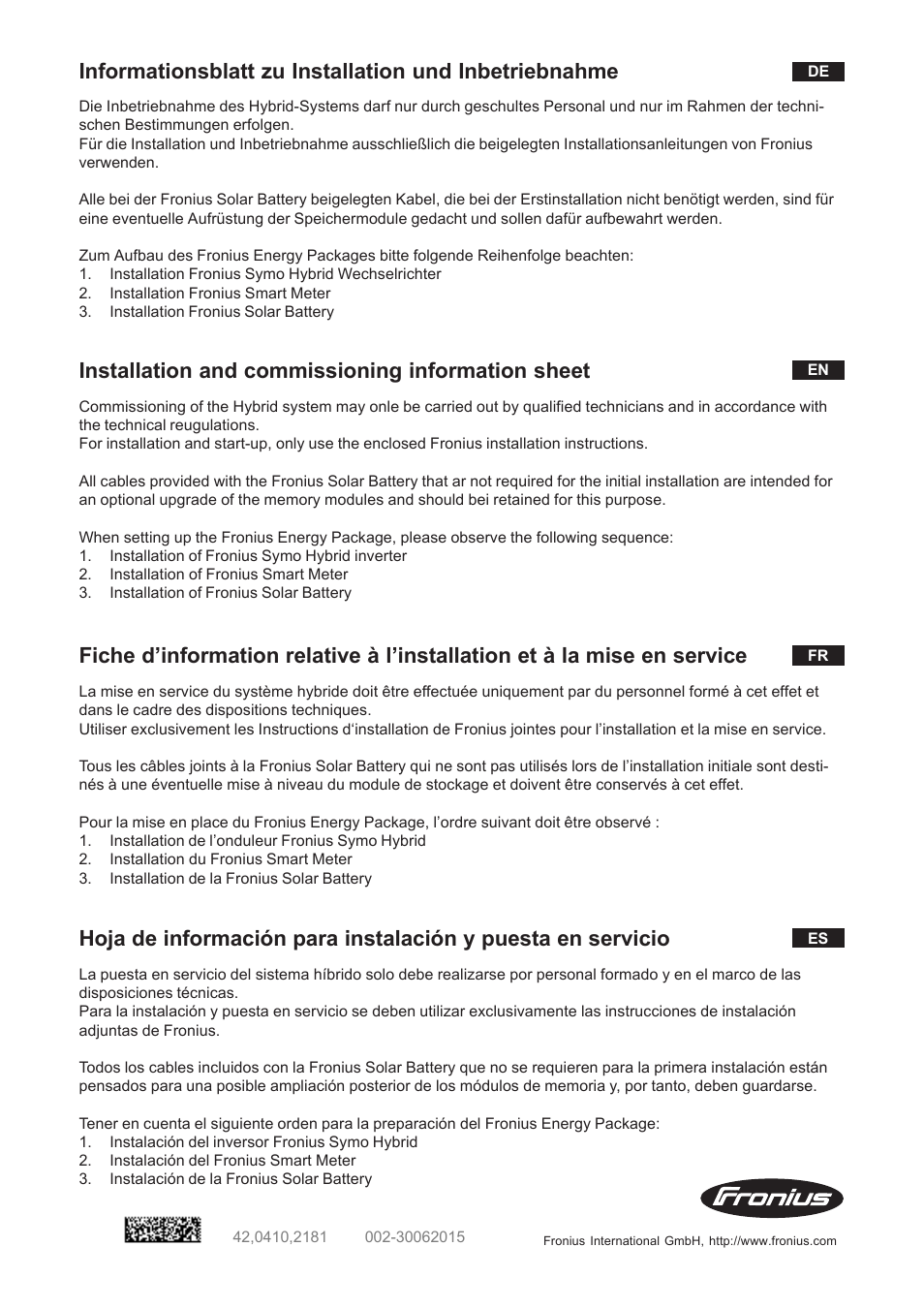 Fronius Energy Package Installation User Manual | 4 pages