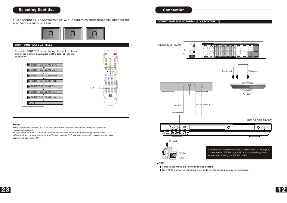 Т³гж 14, Dv input video s-video l---- audio ----r, Dvd + rewritable | Connection, Selecting subtitles, Tv set | Curtis DVDR5000 User Manual | Page 14 / 19