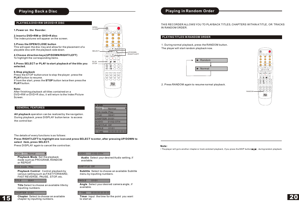 Т³гж 17, Dvd + rewritable, Playing back a disc | Playing in random order, Playing a dvd+rw or dvd+r disc, Random normal | Curtis DVDR5000 User Manual | Page 17 / 19
